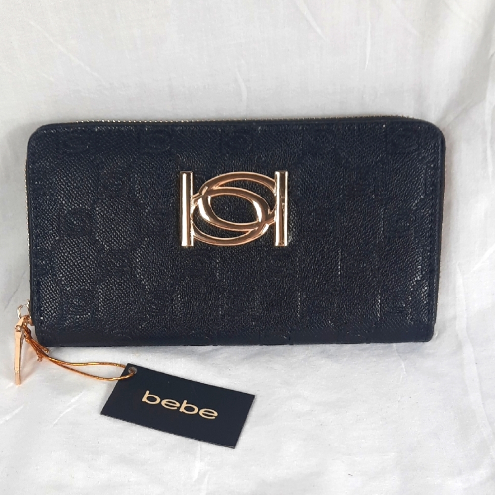 Bebe Esme Saffiano Monogram Black Wallet with Gold Accents Zip Around NEW